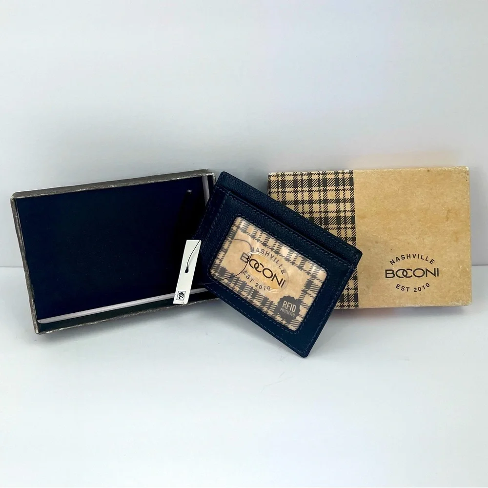BOCONI PEBBLED LEATHER ID CARD CASE, RFID WALLET W/KEY RING LOOP. 3x4 INCHES BLK